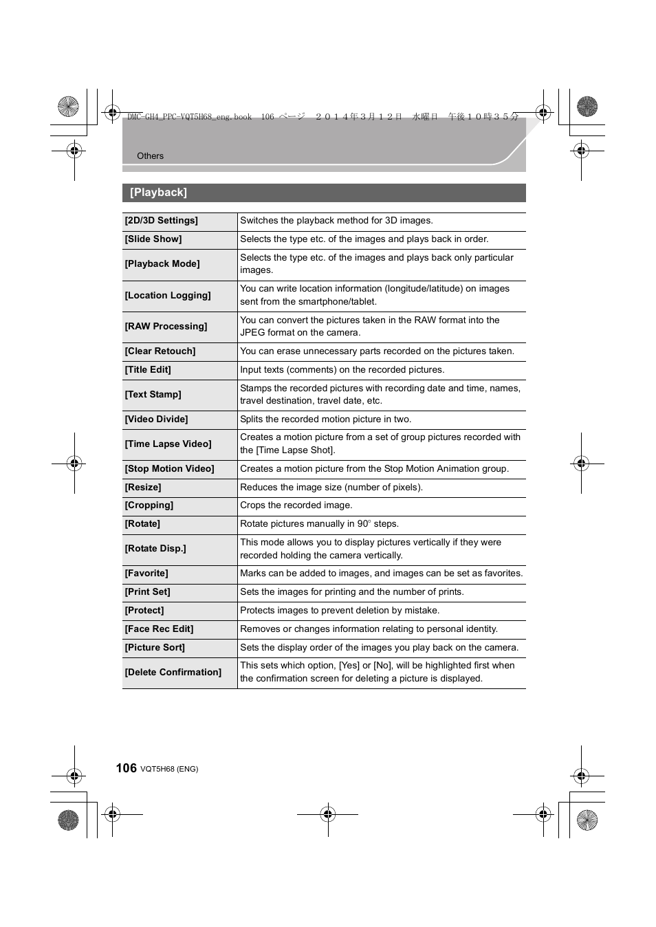 Playback | Panasonic DMC-GH4KBODY User Manual | Page 106 / 132