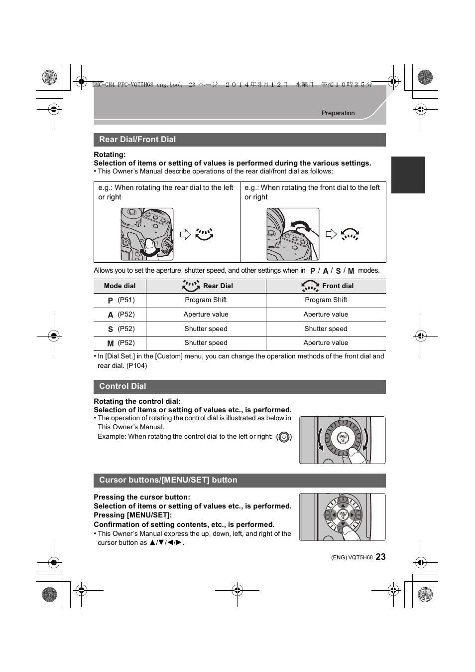 Rear dial/front dial, Control dial, Cursor buttons/[menu/set] button | Panasonic DMC-GH4KBODY User Manual | Page 23 / 132