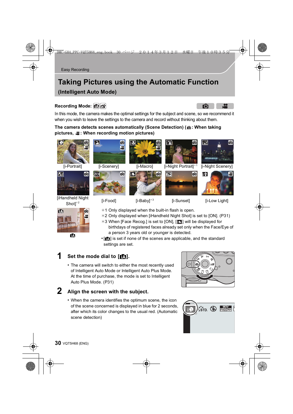 Taking pictures using the automatic function, Intelligent auto mode) | Panasonic DMC-GH4KBODY User Manual | Page 30 / 132