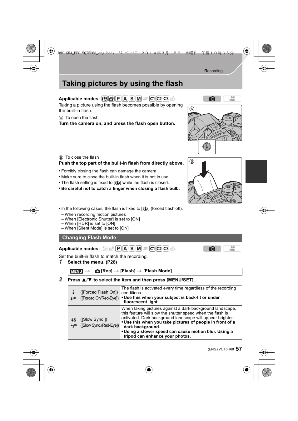 Taking pictures by using the flash, Changing flash mode | Panasonic DMC-GH4KBODY User Manual | Page 57 / 132