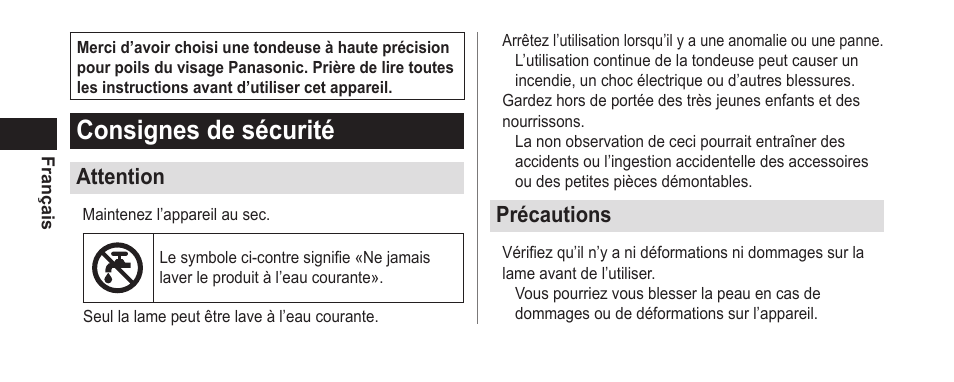 Français, Consignesdesécurité, Attention | Précautions | Panasonic ER-GN25VP User Manual | Page 14 / 42