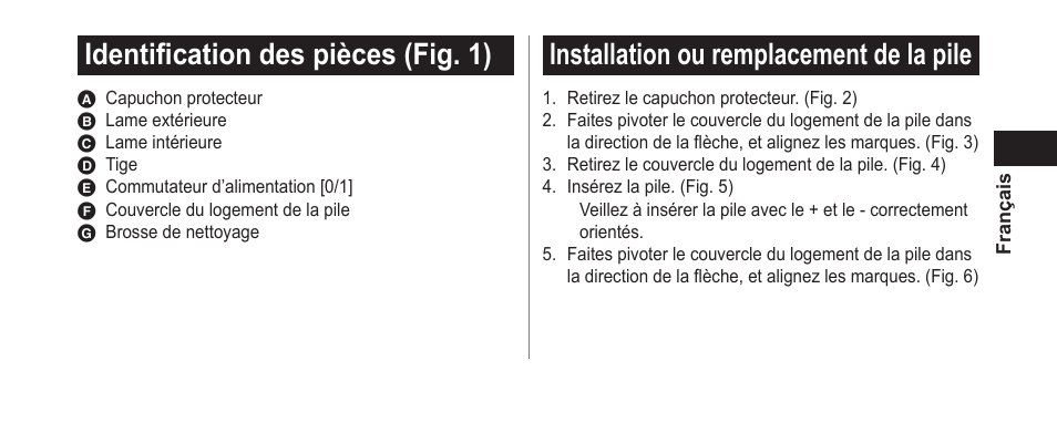 Identificationdespièces(fig.1), Installationouremplacementdelapile | Panasonic ER-GN25VP User Manual | Page 17 / 42
