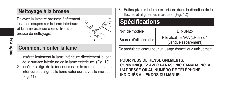 Spécifications, Nettoyageàlabrosse, Commentmonterlalame | Panasonic ER-GN25VP User Manual | Page 22 / 42