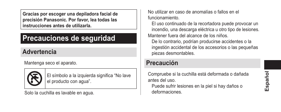 Español, Precaucionesdeseguridad, Advertencia | Precaución | Panasonic ER-GN25VP User Manual | Page 23 / 42