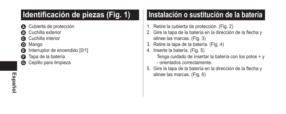 Identificacióndepiezas(fig.1), Instalaciónosustitucióndelabatería | Panasonic ER-GN25VP User Manual | Page 26 / 42