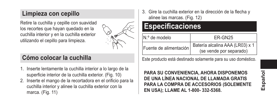 Especificaciones, Limpiezaconcepillo, Cómocolocarlacuchilla | Panasonic ER-GN25VP User Manual | Page 31 / 42