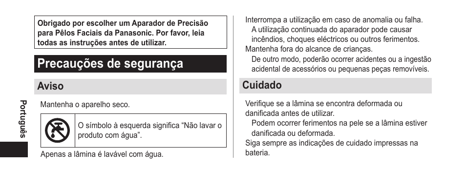 Português, Precauçõesdesegurança, Aviso | Cuidado | Panasonic ER-GN25VP User Manual | Page 32 / 42