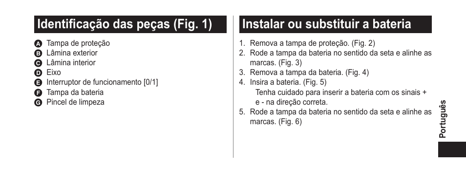 Identificaçãodaspeças(fig.1), Instalarousubstituirabateria | Panasonic ER-GN25VP User Manual | Page 35 / 42