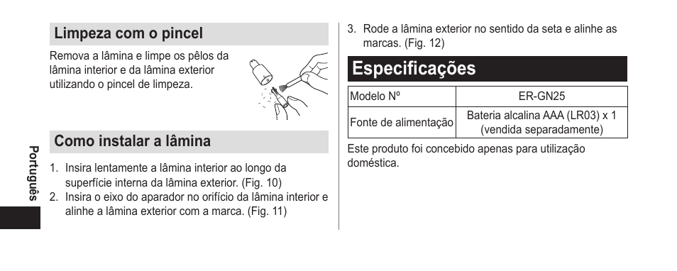 Especificações, Limpezacomopincel, Comoinstalaralâmina | Panasonic ER-GN25VP User Manual | Page 40 / 42