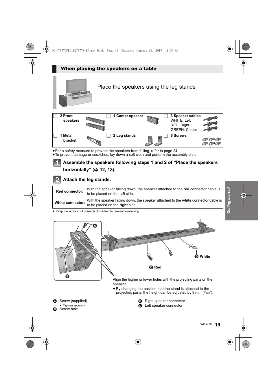 Place the speakers using the leg stands | Panasonic SC-HTB770S User Manual | Page 19 / 44