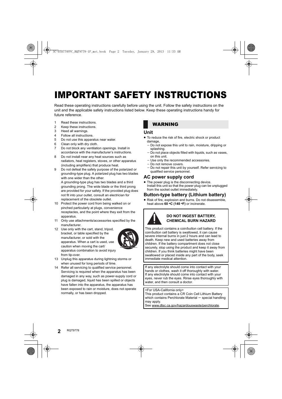 Important safety instructions | Panasonic SC-HTB770S User Manual | Page 2 / 44