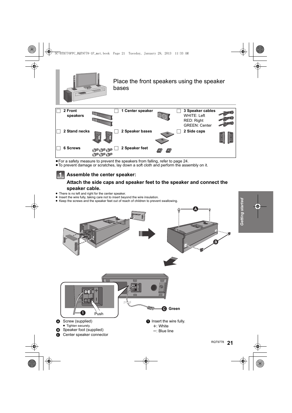 Place the front speakers using the speaker bases | Panasonic SC-HTB770S User Manual | Page 21 / 44