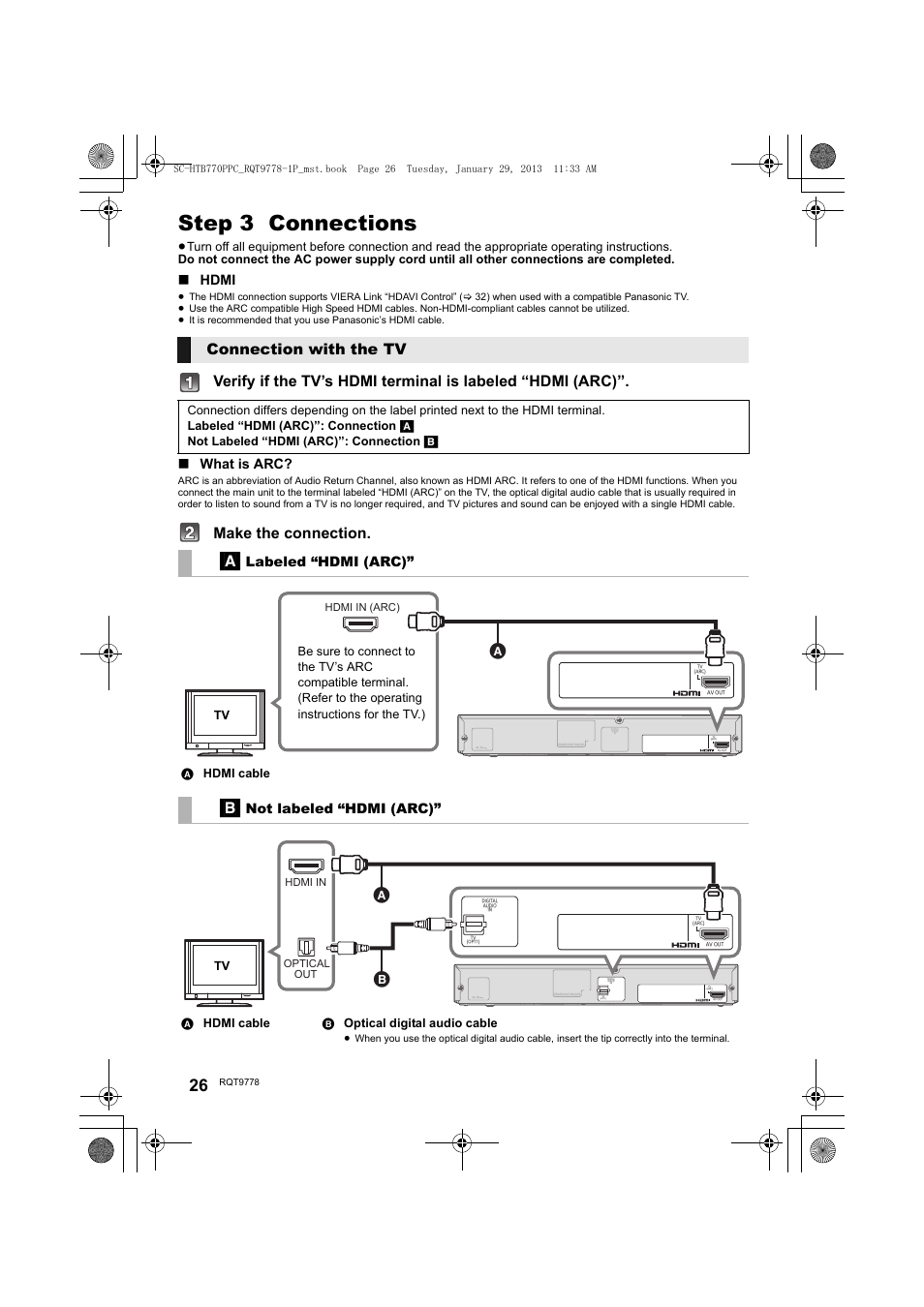 Step 3 connections, Make the connection. connection with the tv, Hdmi | What is arc, Labeled “hdmi (arc), Not labeled “hdmi (arc), A hdmi cable, A hdmi cable b optical digital audio cable | Panasonic SC-HTB770S User Manual | Page 26 / 44
