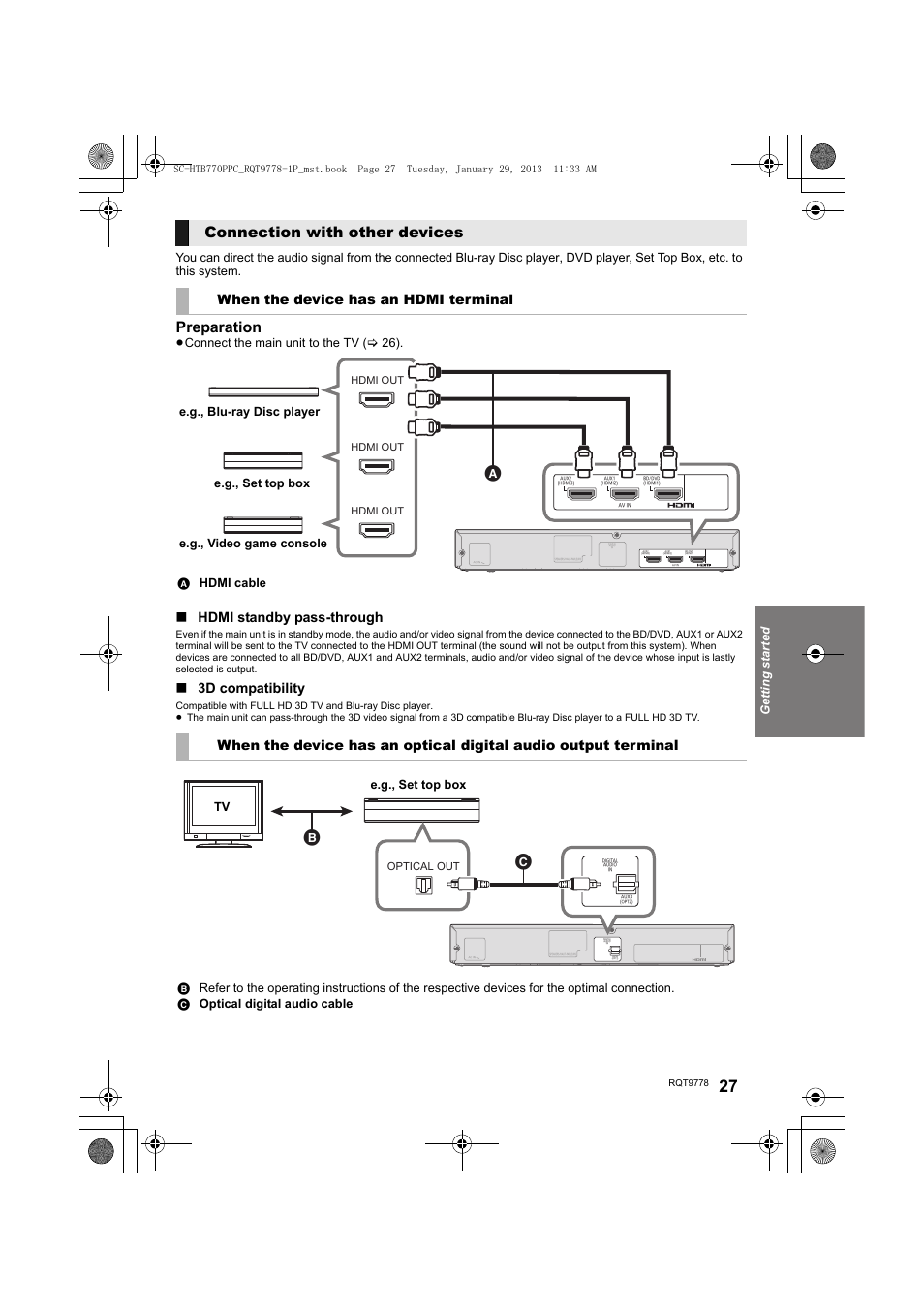 Preparation, Connection with other devices, Hdmi standby pass-through | 3d compatibility, When the device has an hdmi terminal, Getting started, Connect the main unit to the tv (> 26), A hdmi cable, E.g., set top box tv | Panasonic SC-HTB770S User Manual | Page 27 / 44