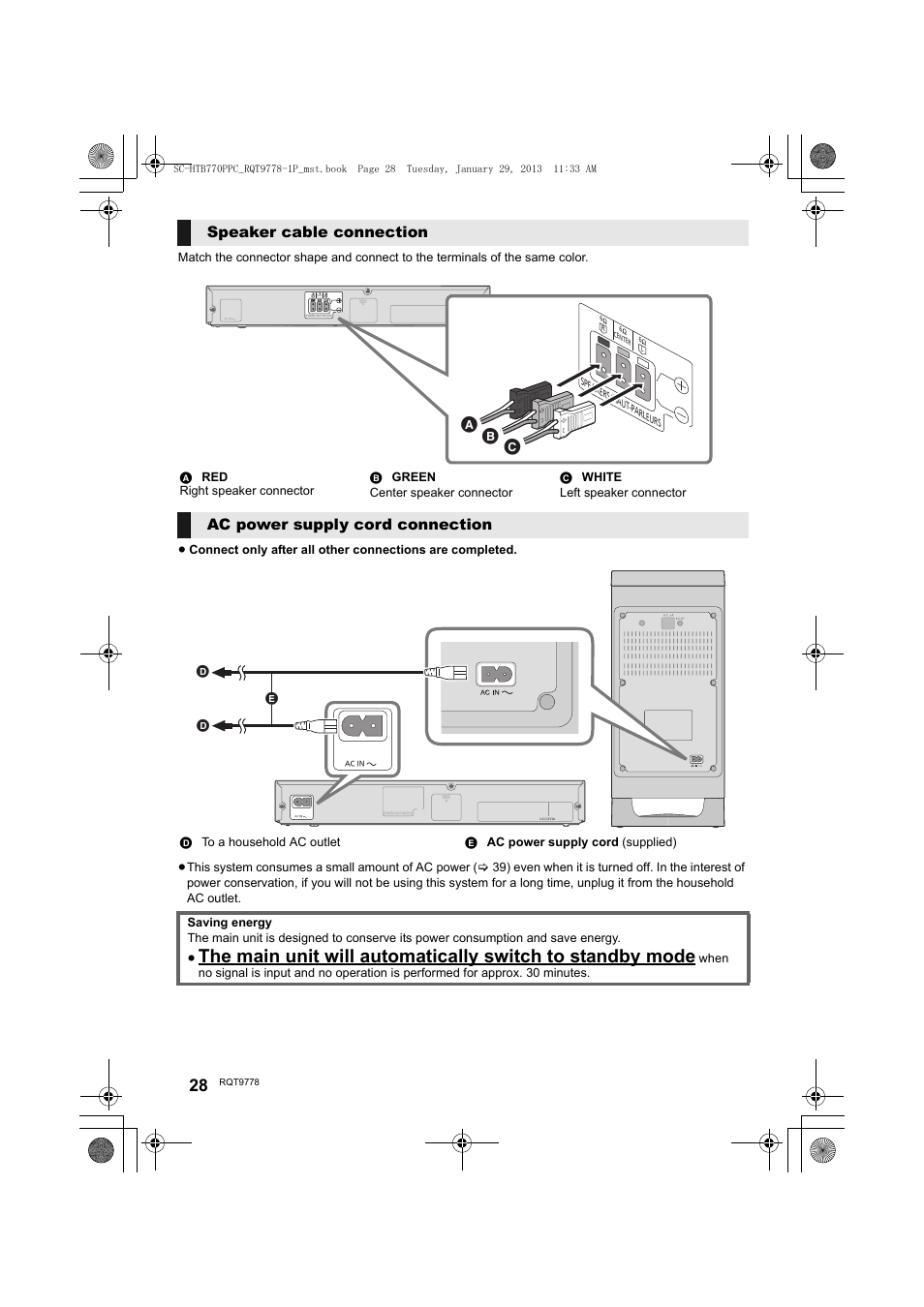 Speaker cable connection, Ac power supply cord connection | Panasonic SC-HTB770S User Manual | Page 28 / 44