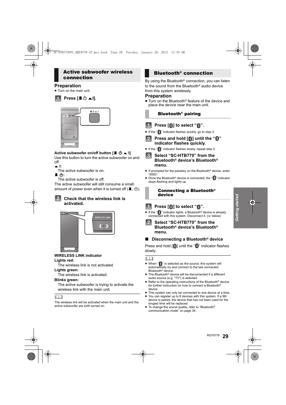 Preparation, Active subwoofer wireless connection bluetooth, Connection | Panasonic SC-HTB770S User Manual | Page 29 / 44