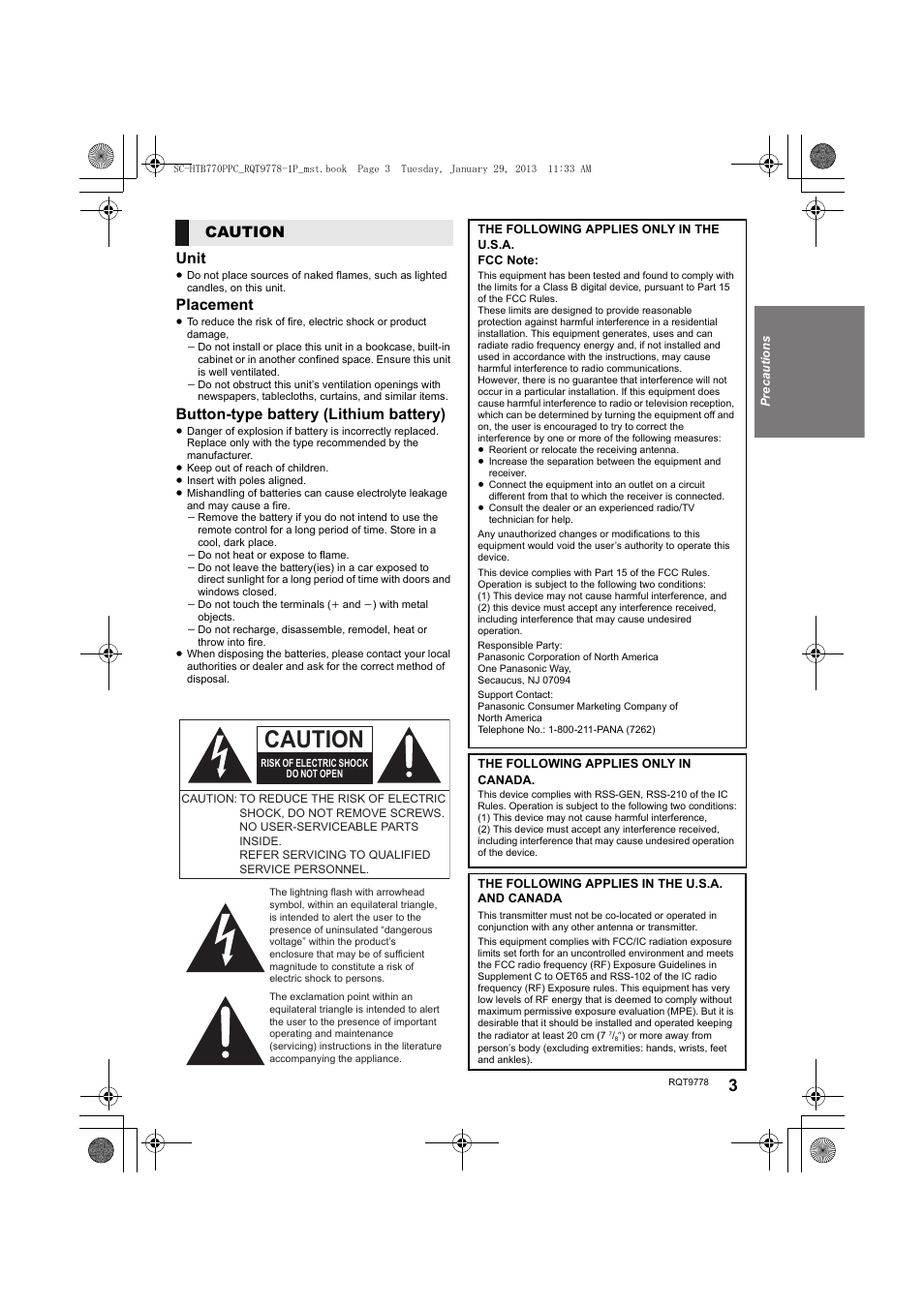 Unit, Placement, Button-type battery (lithium battery) | Caution | Panasonic SC-HTB770S User Manual | Page 3 / 44