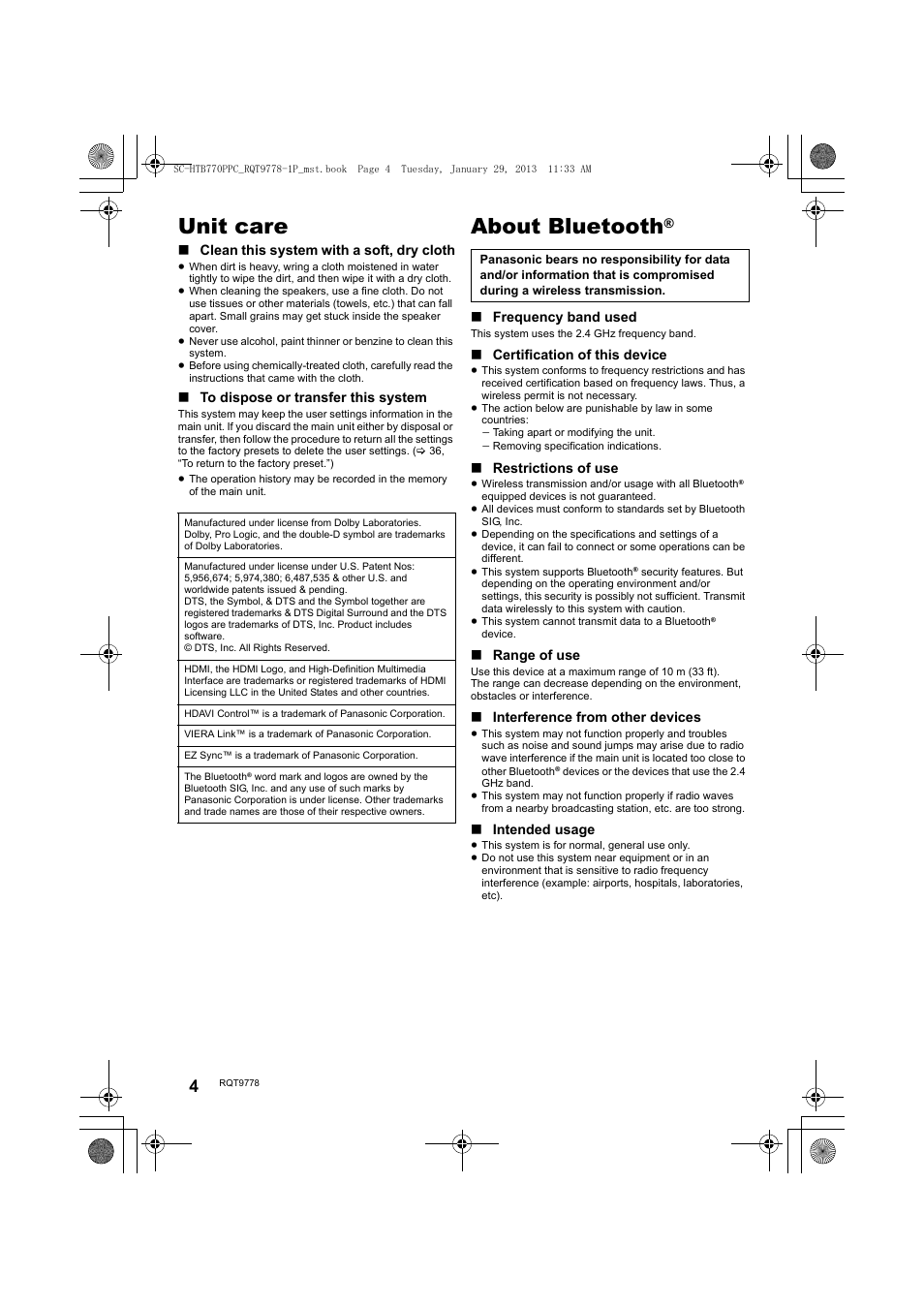 Unit care, About bluetooth | Panasonic SC-HTB770S User Manual | Page 4 / 44