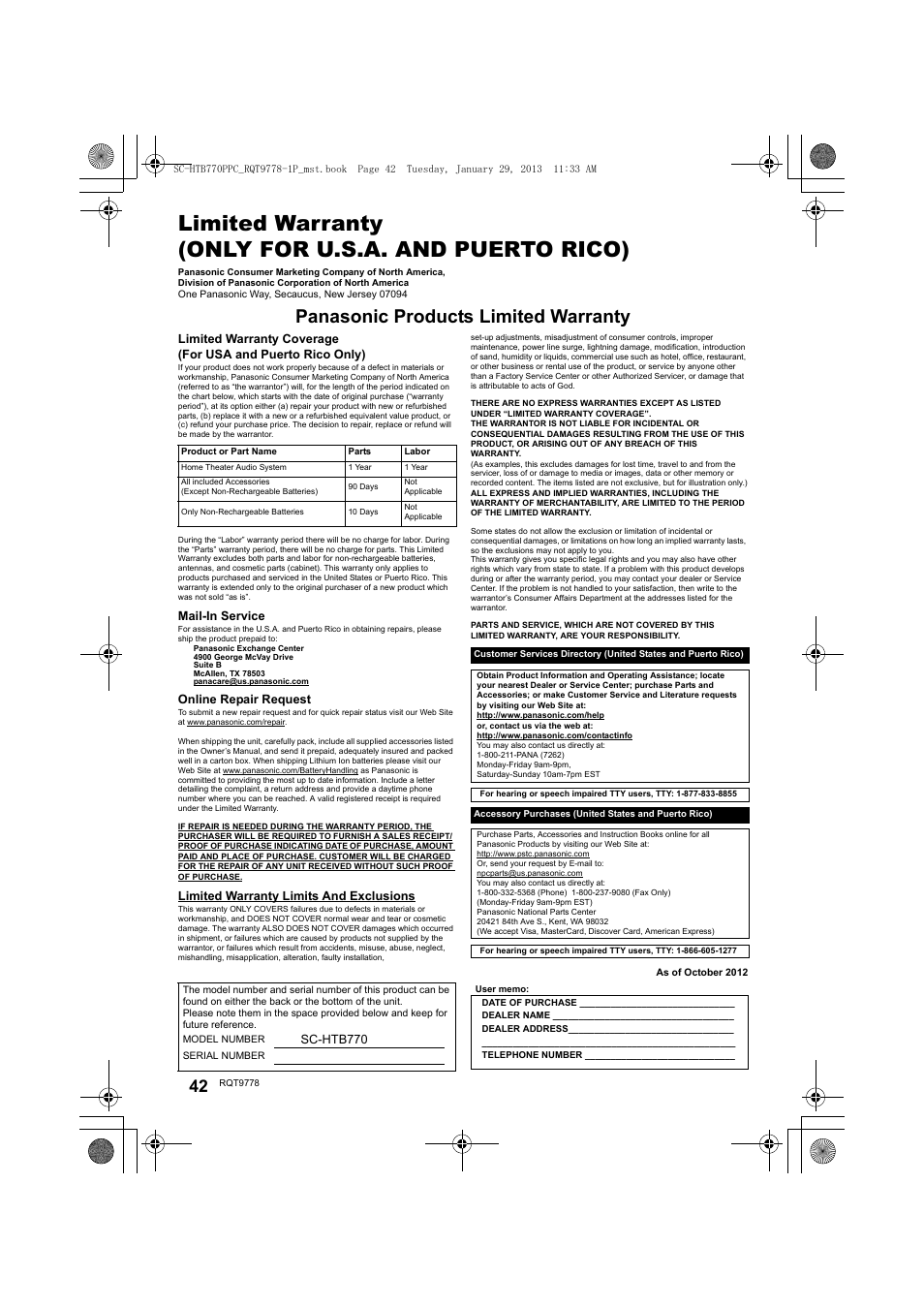 Limited warranty (only for u.s.a. and puerto rico), Panasonic products limited warranty | Panasonic SC-HTB770S User Manual | Page 42 / 44