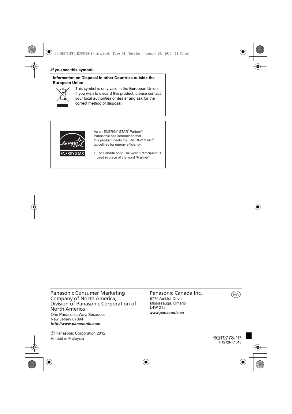 Panasonic SC-HTB770S User Manual | Page 44 / 44