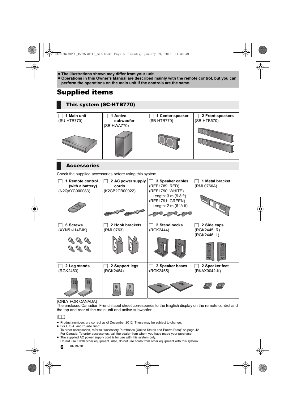Supplied items | Panasonic SC-HTB770S User Manual | Page 6 / 44