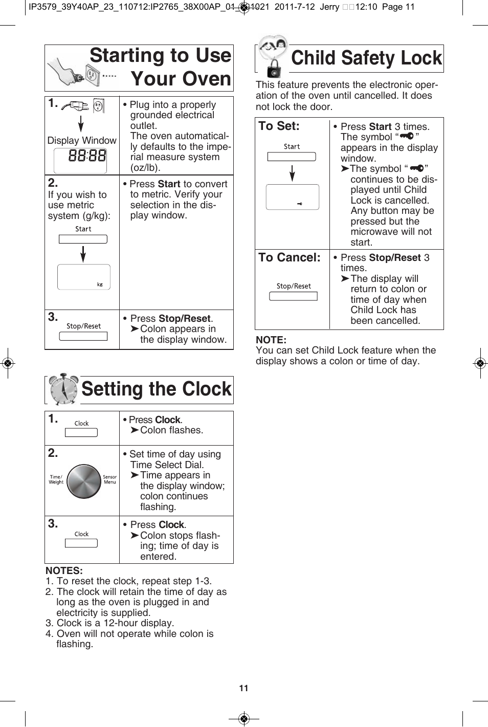 Starting to use your oven, Setting the clock, Child safety lock | Starting to use your oven child safety lock | Panasonic NN-SD681S User Manual | Page 13 / 32