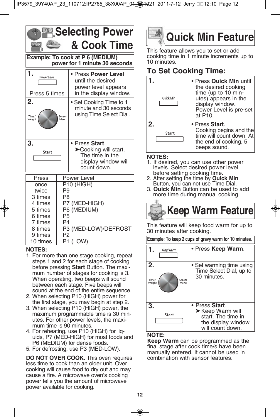 Selecting power & cook time, Quick min feature, Keep warm feature | Panasonic NN-SD681S User Manual | Page 14 / 32