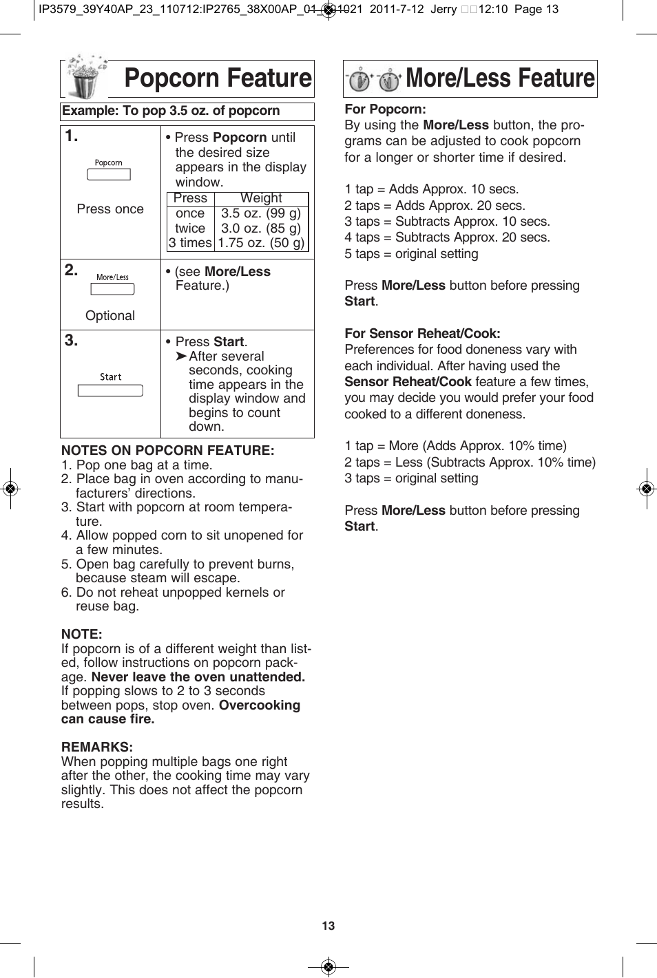 Popcorn feature, More/less feature, Popcorn feature more/less feature | Panasonic NN-SD681S User Manual | Page 15 / 32