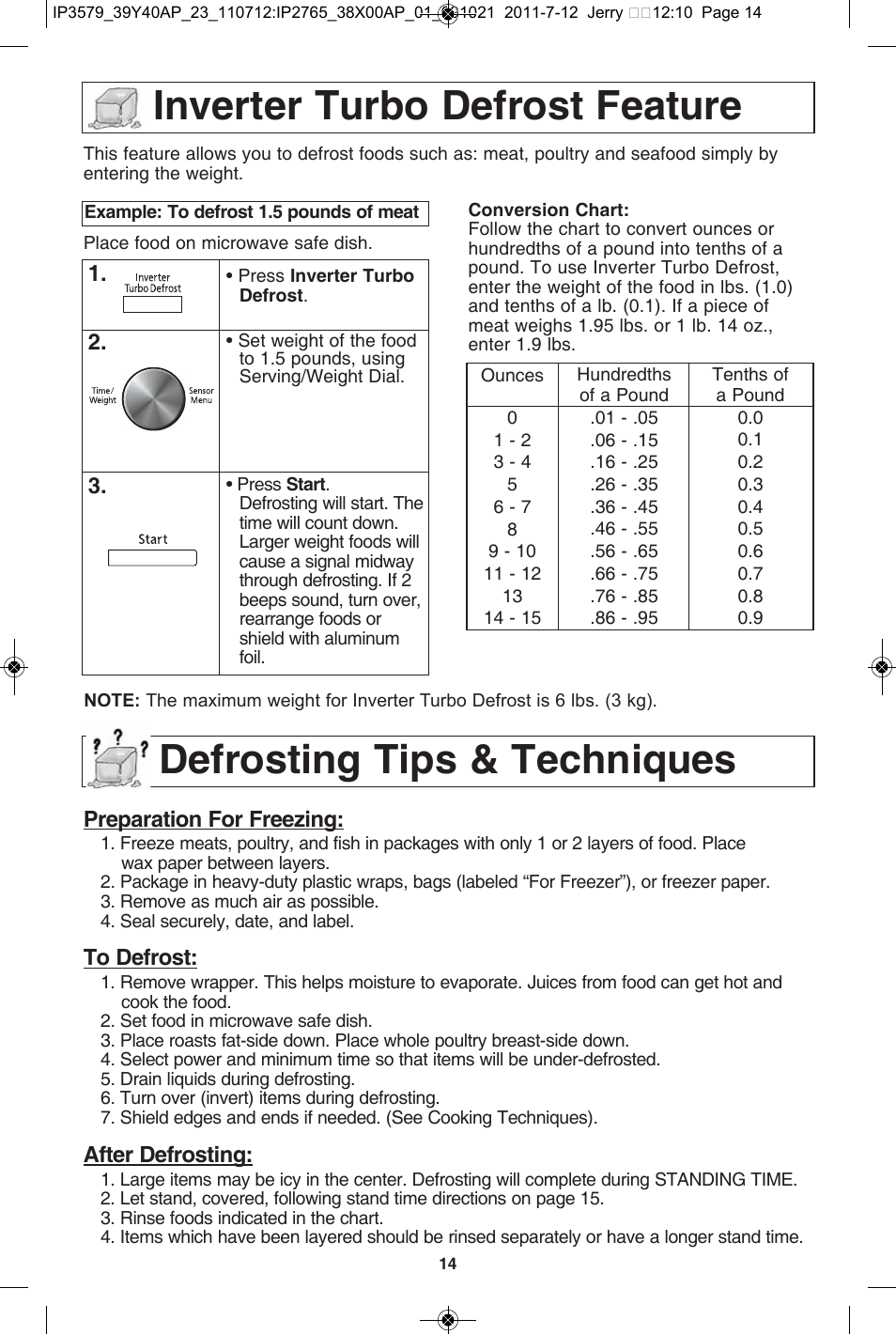 Inverter turbo defrost feature, Defrosting tips & techniques | Panasonic NN-SD681S User Manual | Page 16 / 32