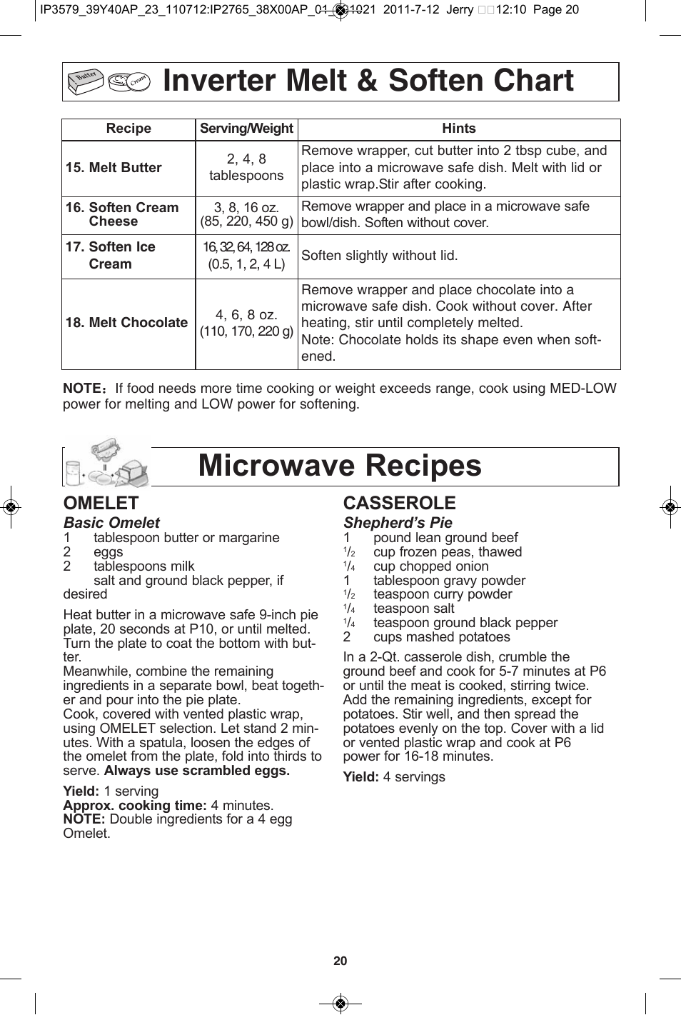 Inverter melt & soften chart, Microwave recipes, Omelet | Casserole | Panasonic NN-SD681S User Manual | Page 22 / 32