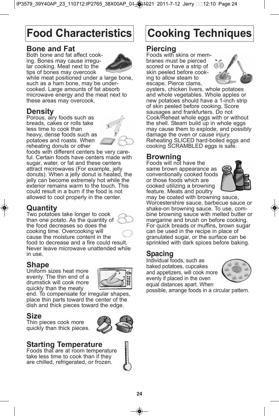 Food characteristics, Cooking techniques, Food characteristics cooking techniques | Bone and fat, Density, Quantity, Shape, Size, Starting temperature, Piercing | Panasonic NN-SD681S User Manual | Page 26 / 32