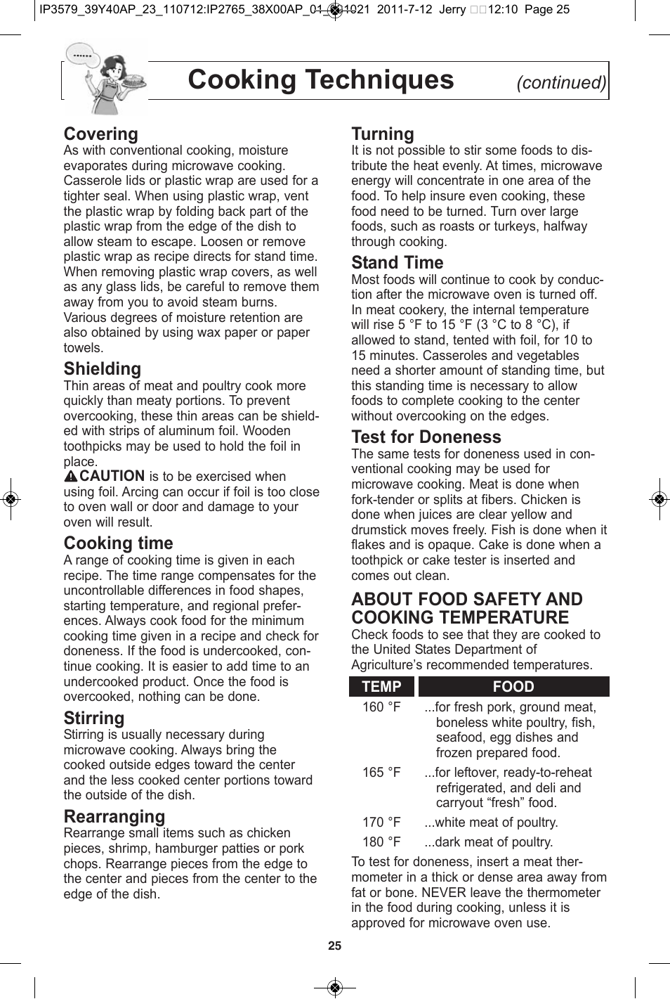 Cooking techniques, Continued) covering, Shielding | Cooking time, Stirring, Rearranging, Turning, Stand time, Test for doneness, About food safety and cooking temperature | Panasonic NN-SD681S User Manual | Page 27 / 32