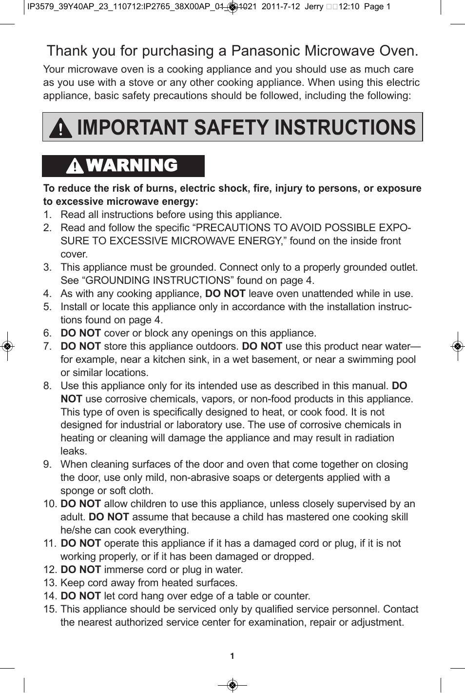 Important safety instructions, Warning | Panasonic NN-SD681S User Manual | Page 3 / 32