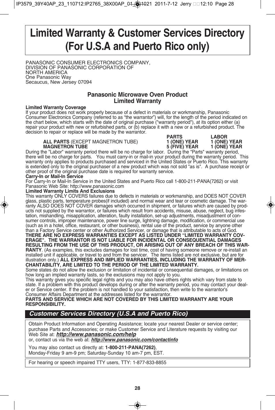 Limited warranty & customer service directory | Panasonic NN-SD681S User Manual | Page 30 / 32