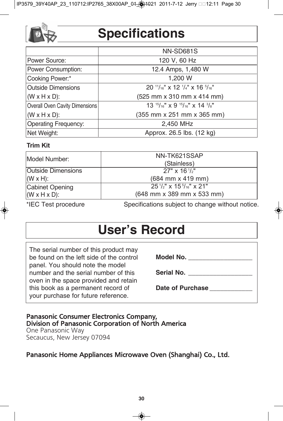 Specifications, User’s record, Specifications user’s record | Panasonic NN-SD681S User Manual | Page 32 / 32