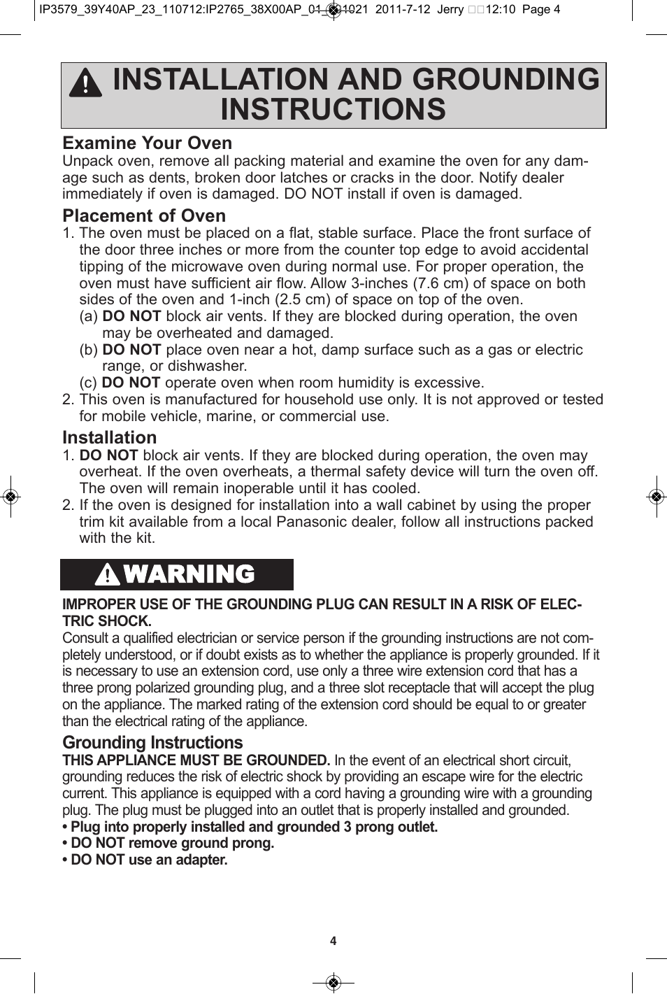 Installation and grounding instructions, Warning | Panasonic NN-SD681S User Manual | Page 6 / 32