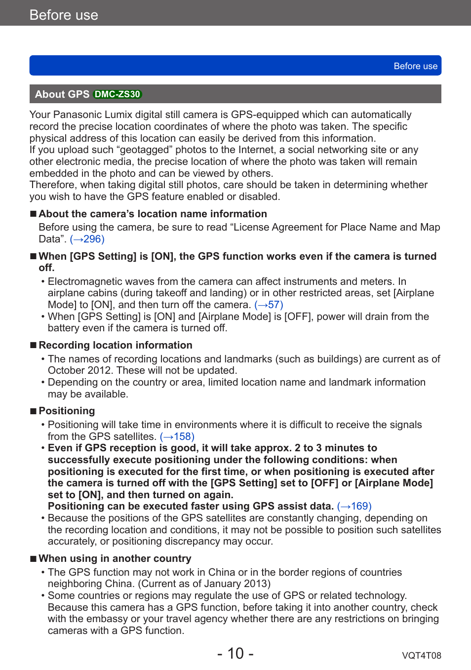 About gps dmc-zs30, About gps, Dmc-zs30 | Before use | Panasonic DMC-ZS30K User Manual | Page 10 / 314