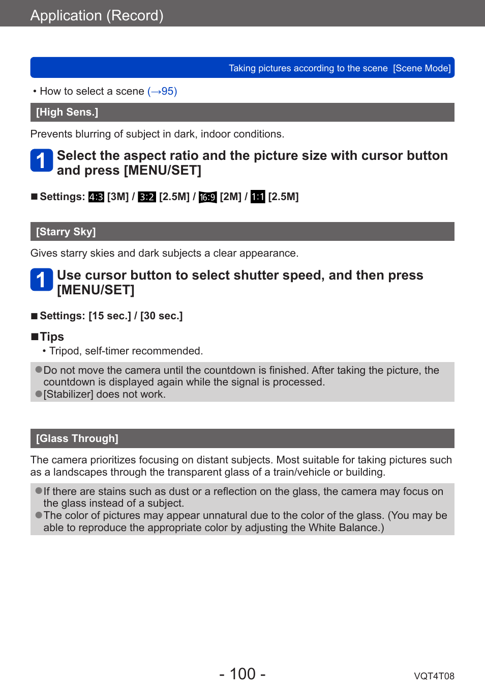 High sens, Starry sky, Glass through | Application (record) | Panasonic DMC-ZS30K User Manual | Page 100 / 314