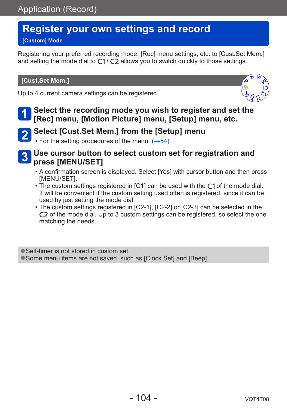 Cust.set mem, Register your own settings and record, Custom] mode | Application (record) | Panasonic DMC-ZS30K User Manual | Page 104 / 314