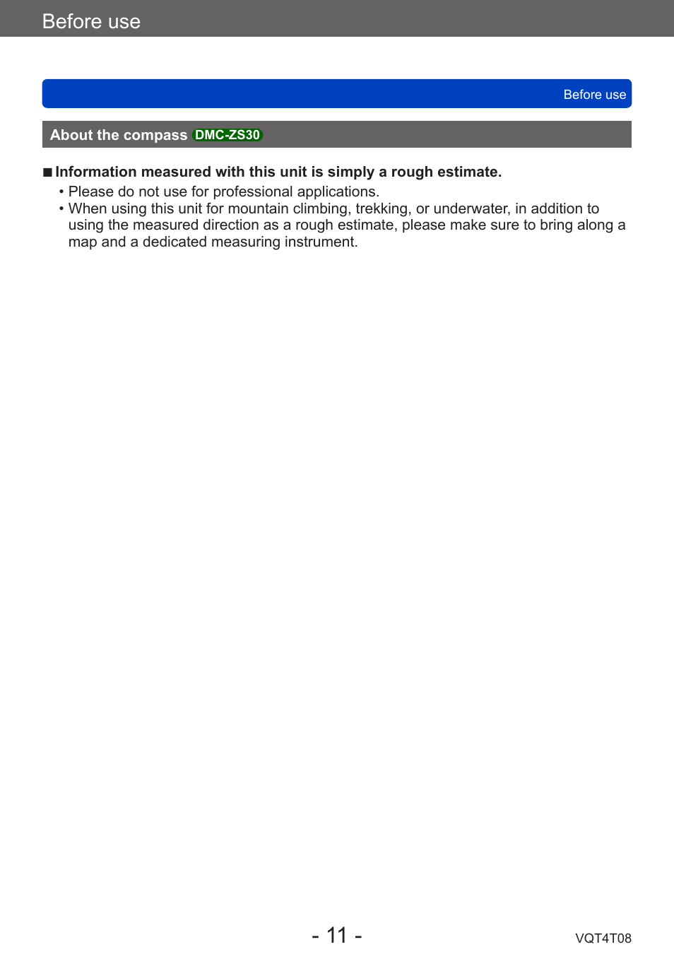 About the compass dmc-zs30, About the compass, Dmc-zs30 | Before use | Panasonic DMC-ZS30K User Manual | Page 11 / 314