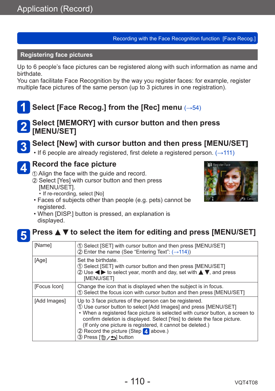 Registering face pictures, Application (record), Select [face recog.] from the [rec] menu | Record the face picture | Panasonic DMC-ZS30K User Manual | Page 110 / 314