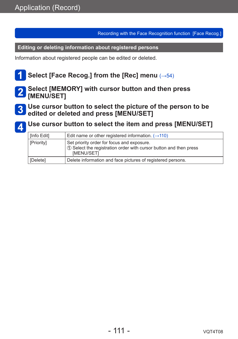 Editing or deleting information about, Registered persons, Application (record) | Select [face recog.] from the [rec] menu | Panasonic DMC-ZS30K User Manual | Page 111 / 314