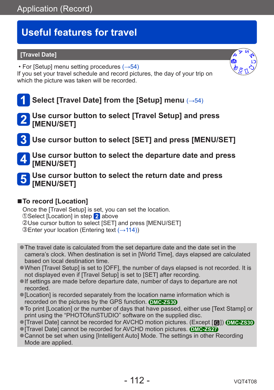 Useful features for travel, Travel date, Application (record) | Panasonic DMC-ZS30K User Manual | Page 112 / 314