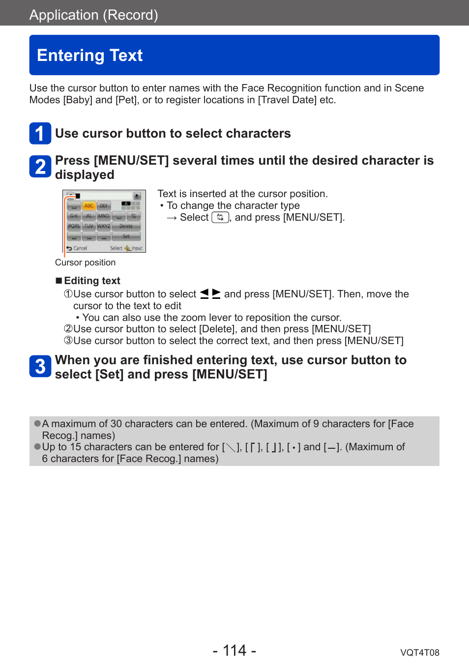 Entering text, Application (record) | Panasonic DMC-ZS30K User Manual | Page 114 / 314