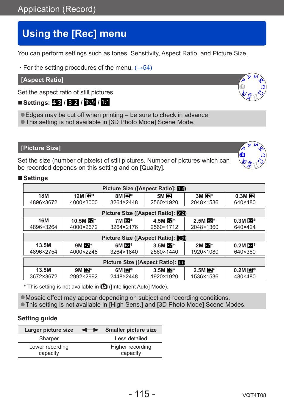 Using the [rec] menu, Aspect ratio, Picture size | Application (record) | Panasonic DMC-ZS30K User Manual | Page 115 / 314