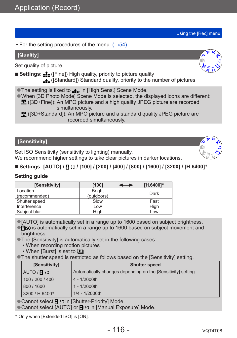 Quality, Sensitivity, Application (record) | Panasonic DMC-ZS30K User Manual | Page 116 / 314