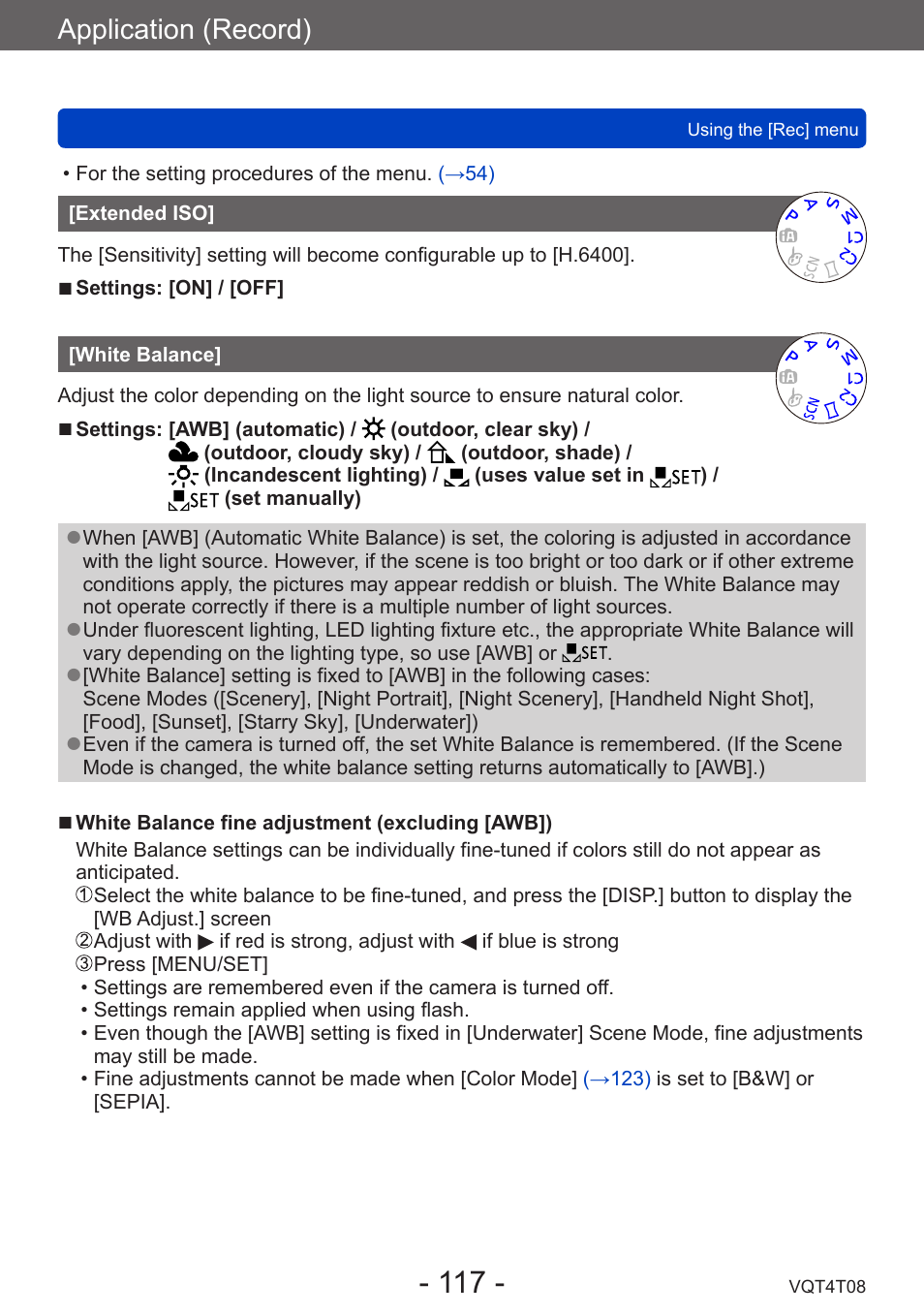 Extended iso, White balance, Application (record) | Panasonic DMC-ZS30K User Manual | Page 117 / 314