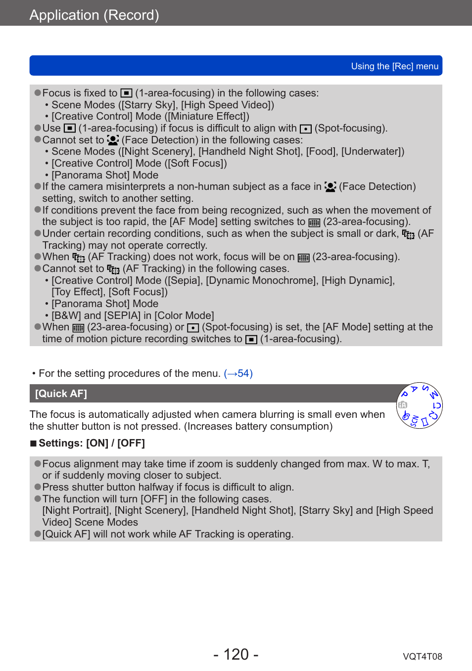 Quick af | Panasonic DMC-ZS30K User Manual | Page 120 / 314