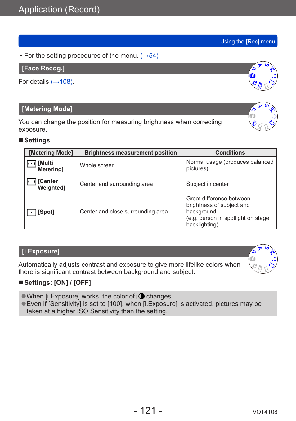 Face recog, Metering mode, I.exposure | Application (record) | Panasonic DMC-ZS30K User Manual | Page 121 / 314
