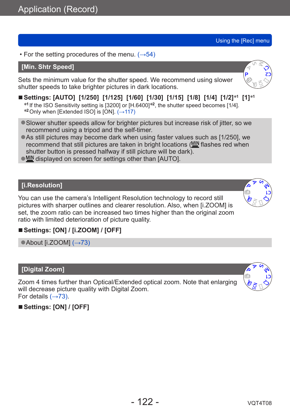 Min. shtr speed, I.resolution, Digital zoom | Application (record) | Panasonic DMC-ZS30K User Manual | Page 122 / 314